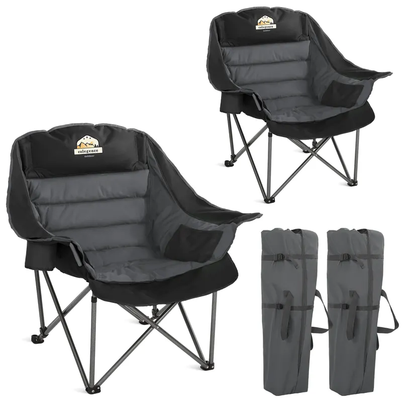 Colegence Oversized Camping Chairs Set of 2, Padded Camping Chair Heavy Duty Lawn Chairs for Adults, XL Foldable Camp Chair for Outdoor Sports, Baseball, Wide Seat Support 450LBS - Black and Grey