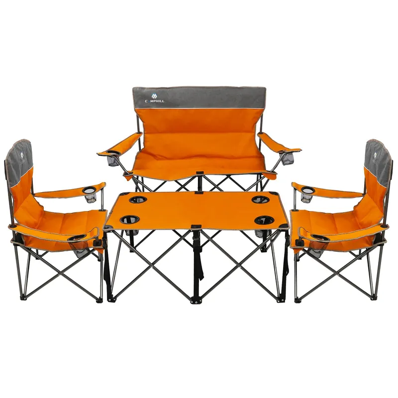 CAMPHILL Camping Set of 4 including Table. Heavy Duty Outdoor Folding Chairs with Cup Holder. Collapsible, Includes One Sofa & Two Single Chairs, Plus Camping Table