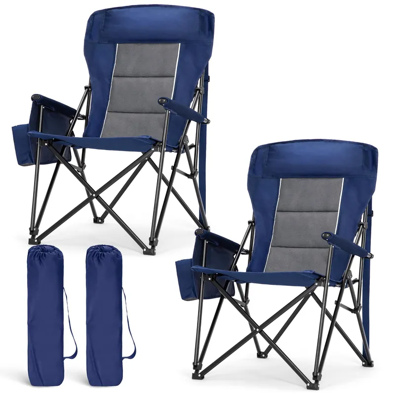 LET‘S CAMP Oversized Camping Chairs 29.52" High Back Heavy Duty Lawn Chair Support 500LBS, Portable Collapsible Chair with Cup Holder, Side Pocket,2 Pack(Blue)