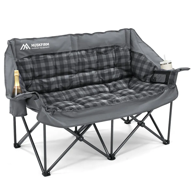 Double Camping Chair Padded 2 Person Camping Chair Camping Loveseat - Heavy Duty Oversized Camping Couch for Adults Outdoor Lawn Beach - Portable Folding Sofa with Cup Holders and Carry Bag, Grey