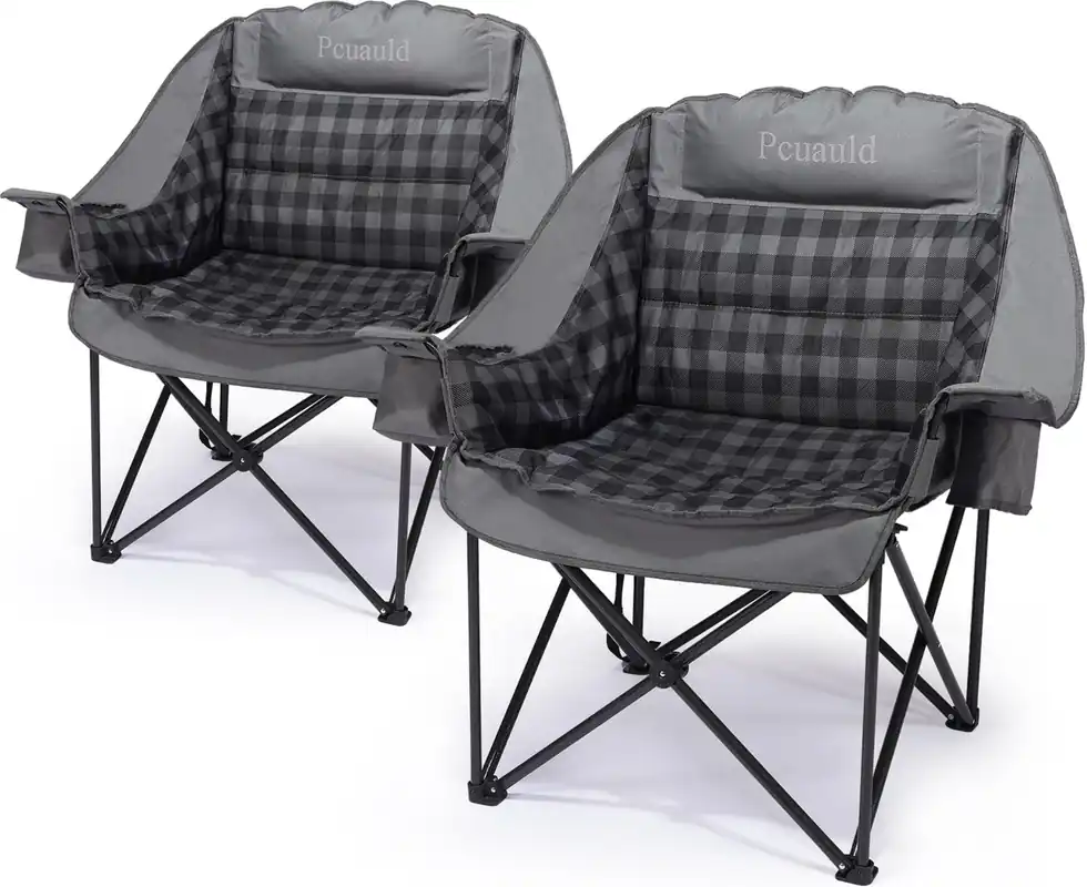 Pcuauld Camping Chairs for Adults 2 Pack Heavy Duty Padded Folding XL Camp Chair with Cup Holder, Supports 500lbs, Oversized Large Outdoor Widen Comfy Lawn Chairs for Tailgating Sports Beach