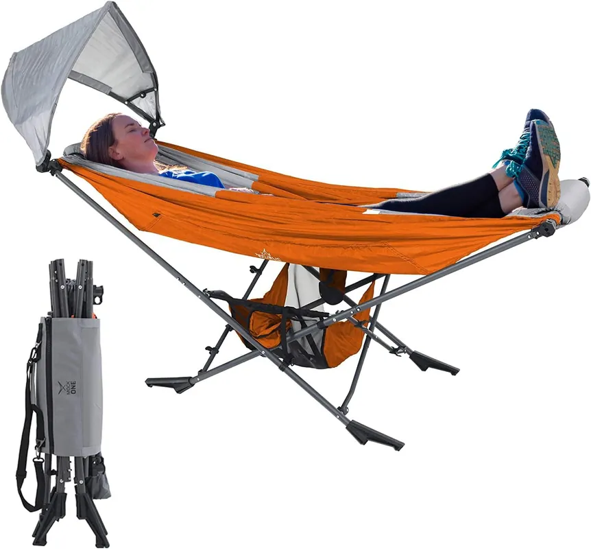 Portable Hammock with Stand, World‘s Best Mock ONE® Hammock, Compact Folding Framed Hammock with Adjustable Sunshade Canopy for Park, Backyard, Garden, Camping, Hiking, Mountaineering, Beaches- Orange