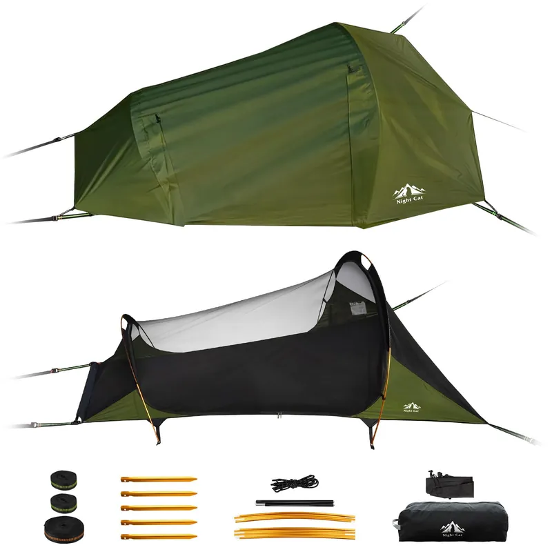 Night Cat Flat Lay Hammock Tent Portable Lightweight Camping Hammock with Mosquito Net Waterproof Rainfly for Adults 1 Person Outdoor Camping Green