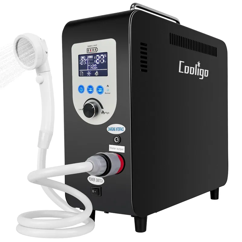 COOLIGO Portable Water Heater for Camping, 4500mah Battery for Propane Camp Shower, 40,900 BTU Tankless Outdoor Shower for Hiking, Travel, Pets & Car Washing