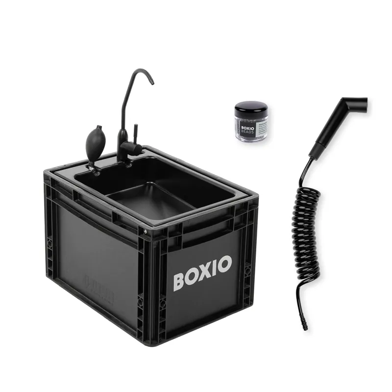 BOXIO - WASH Plus Mobile Sink with Hand Pump, Shower Head, Mirror & Cleaning Beads - Van, Camping, Garden Sink with Tap, Plastic, Black