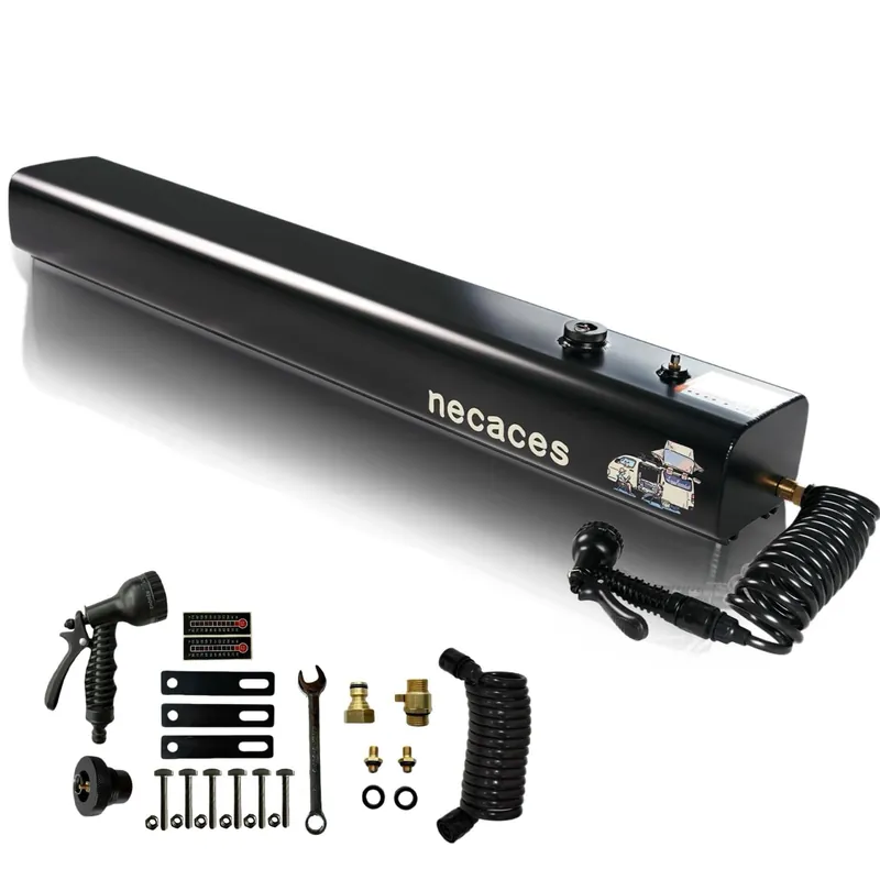 necaces 8Gallon Pressurized Water Tank,Portable Aluminum Camping Shower Water Storage with Spray Hose for Overland Off-Road Vehicles, Pick-up Trucks,Outdoor Activities Water Supply.