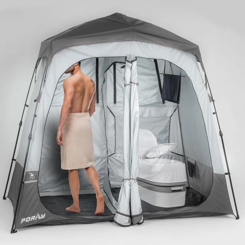 Porayhut Portable Camping Shower Tent Deluxe Changing Room Easy Set Up Privacy Shelter,Large Toilet Tent 2 Rooms with Floor Drain Design for Beach, Camping,Hiking with Stakes and Ropes for Stability