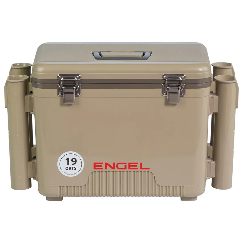 Engel UC19 19qt Leak-Proof, Air Tight, Fishing Drybox Cooler with Built-in Fishing Rod Holders, Also Makes The Perfect Small Hard Shell Lunchbox for Men and Women in Tan