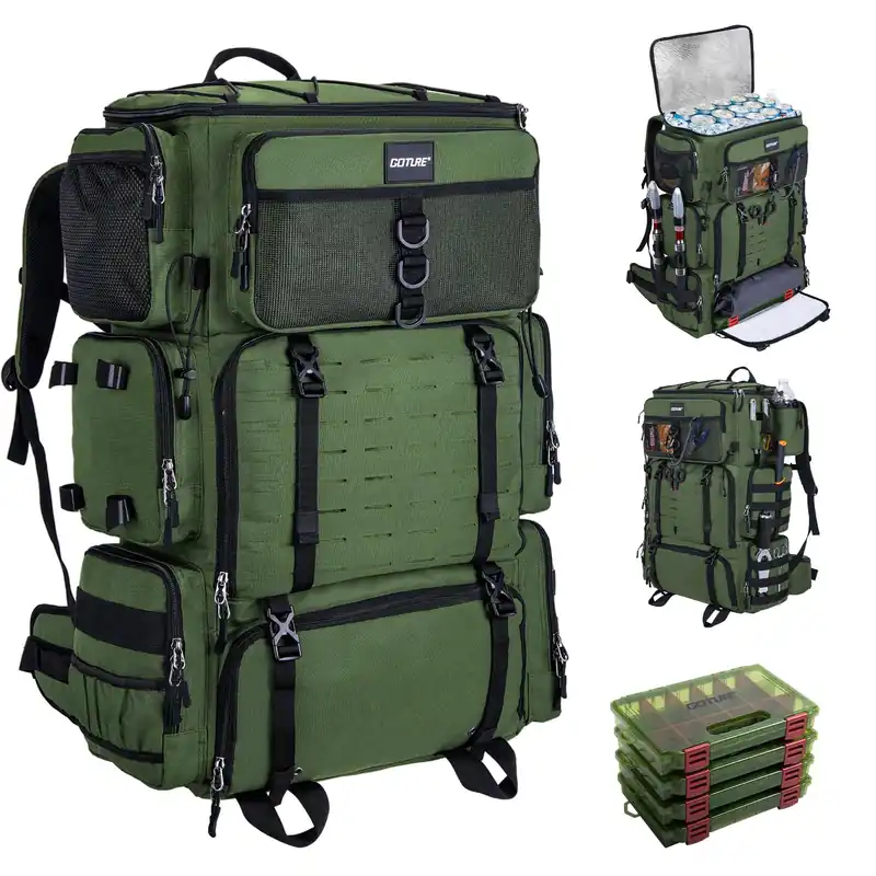Goture Fishing Backpack with Cooler, 72L 600D Tackle Backpack Included 4 3700 Tackle Boxes, Dry & Wet Split Compartment, Large Fishing Tackle Bag with Rod Holders,Rain Cover for Travel Camping Hiking
