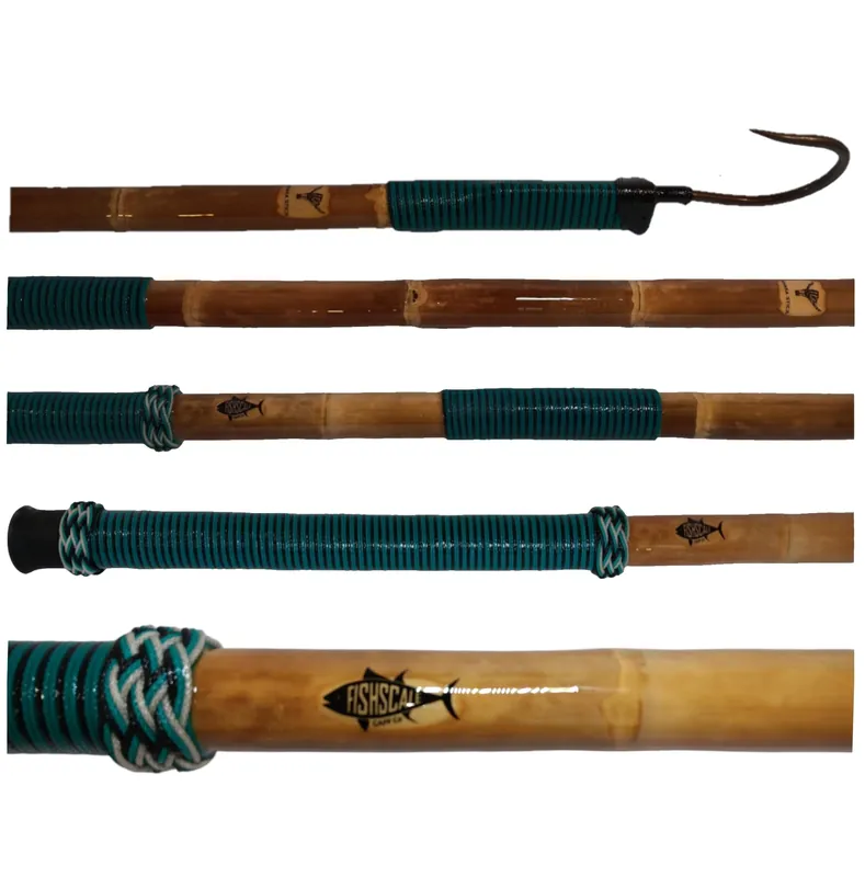 FISHSCALE GAFF Co. Calcutta Bamboo Fish Gaff w/Turkshead Sailor Knots in 3‘,4‘,5‘,6‘ (Shaka Stick Teal/White/Black with Smoked Steel Hook, 3ft (91cm))