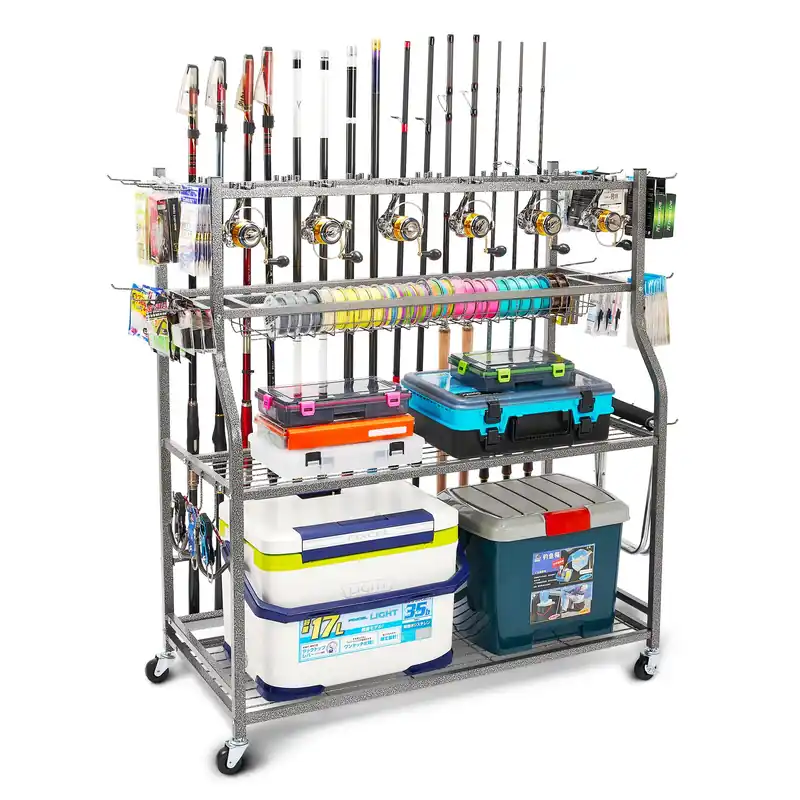 PeBro Fishing Pole Holders, Fishing Rod Holders for Garage, Fishing Rod Holder for Fishing Rod Tackle Box Reel Storage, All-In-One Fishing Rod Rack with Hooks and Wheels