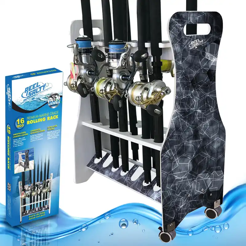 Rush Creek Creations Reel Salty Offshore and Inshore Waterproof Marine Grade 16 Rolling Fishing Rod Holder Dock/Garage Storage Rack, Gray/White, 29.8" L x 11.6" W x 30.9" H