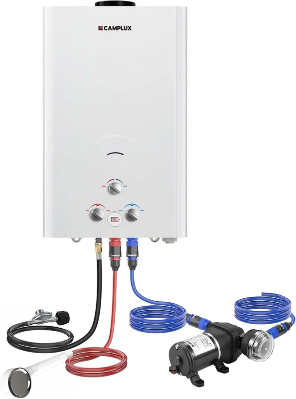 CAMPLUX 4.22 GPM Portable Propane Water Heater, 110,000 BTU Tankless Outdoor Shower for Camping & RV 3.3 GPM Water Pump & Pipe Strainer, Low Pressure & Quick Setup