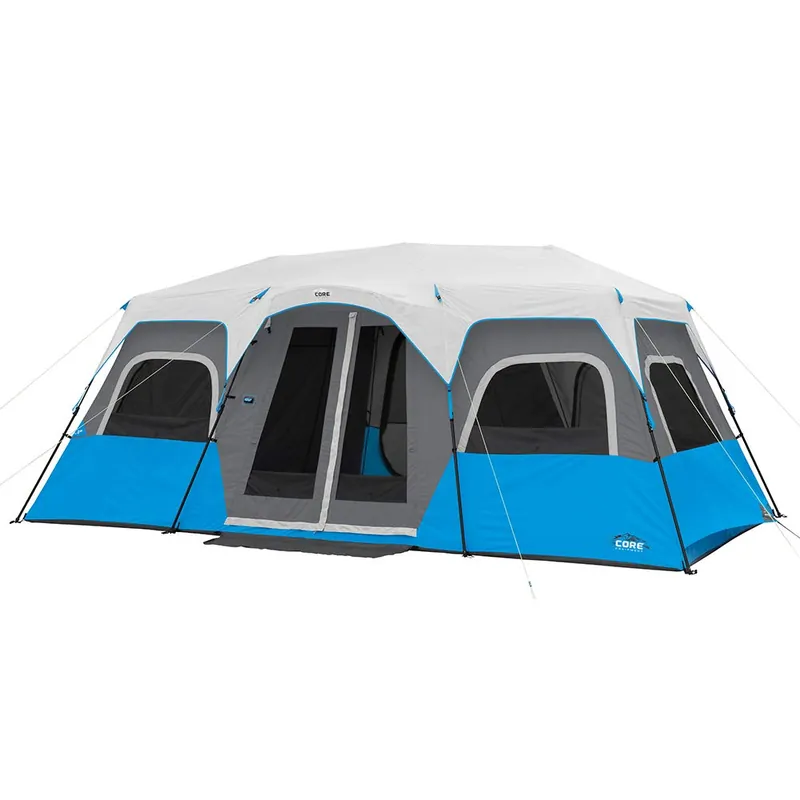 CORE 12 Person Instant Cabin Tent with LED Lights Large 3 Room Family Lighted Pop Up Tent for 2 Minute Camp Setup Included Storage Pockets for Camping Accessories