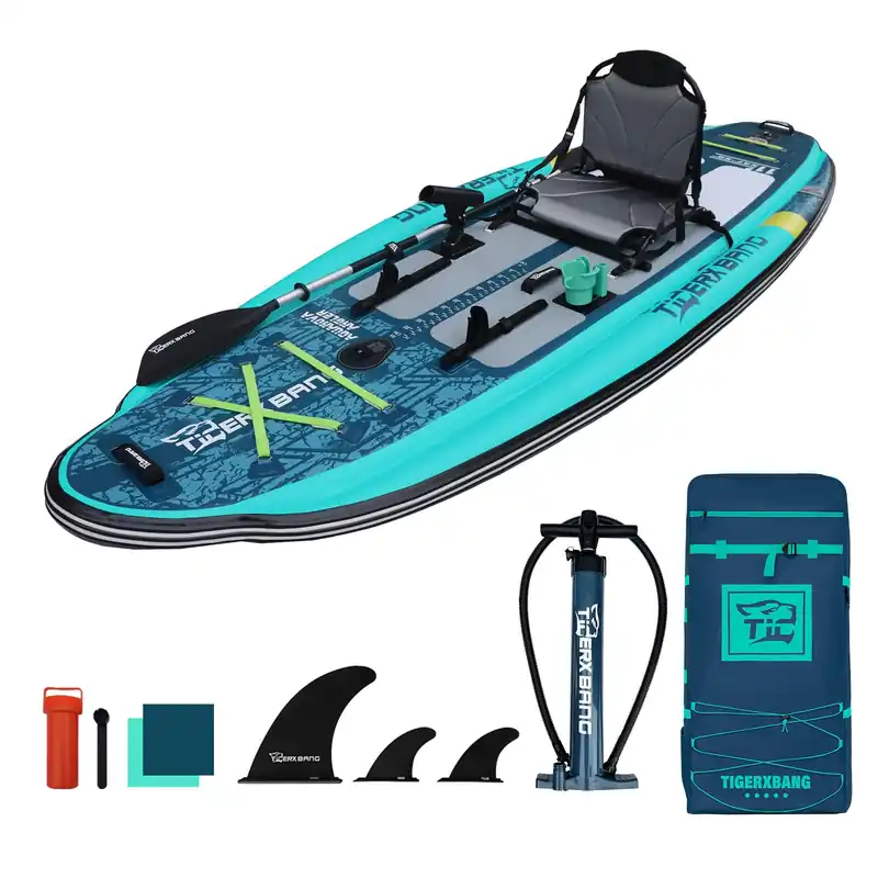 TIGERXBANG 11‘x47‘‘x8‘‘ Inflatable Fishing Kayak, High-Performance Inflatable Kayak-Ideal for Water Fishing Activities, Equipped with Comfortable Seats and Camera Base Versatile Accessories