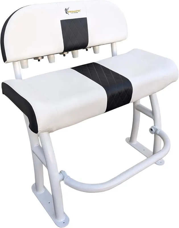 Fishmaster Pro Series Leaning Post for Center Console Fishing Boats - Deluxe Backrest, Rod Holders, Flow-Through Foam, Storage Compartment, Foldable Footrest – White Upholstery/White Powder Coated