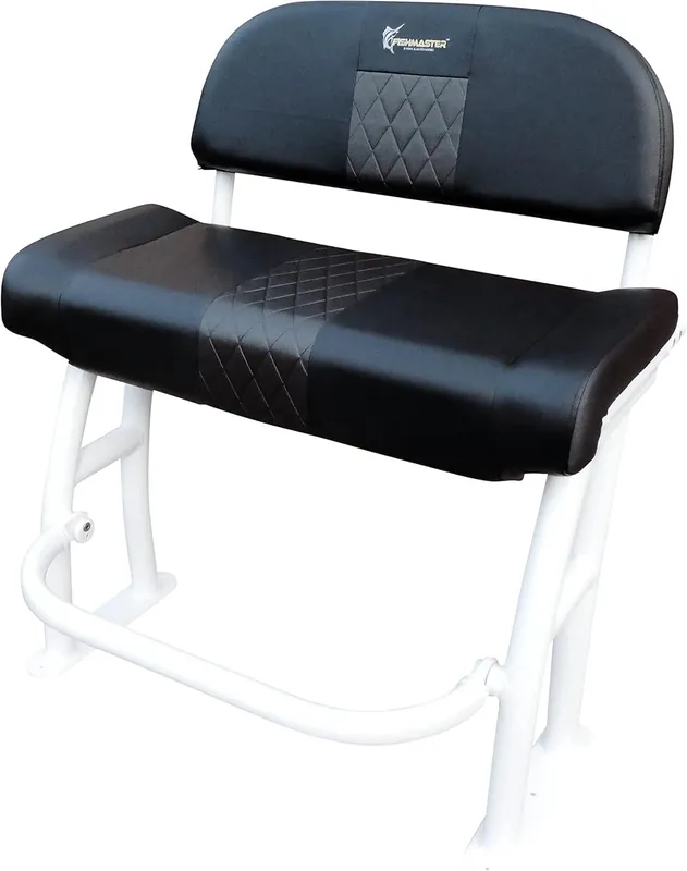 Fishmaster Pro Series Leaning Post for Center Console Fishing Boats - Deluxe Backrest, Rod Holders, Flow-Through Foam, Storage Compartment, Foldable Footrest – Black Upholstery/White Powder Coated