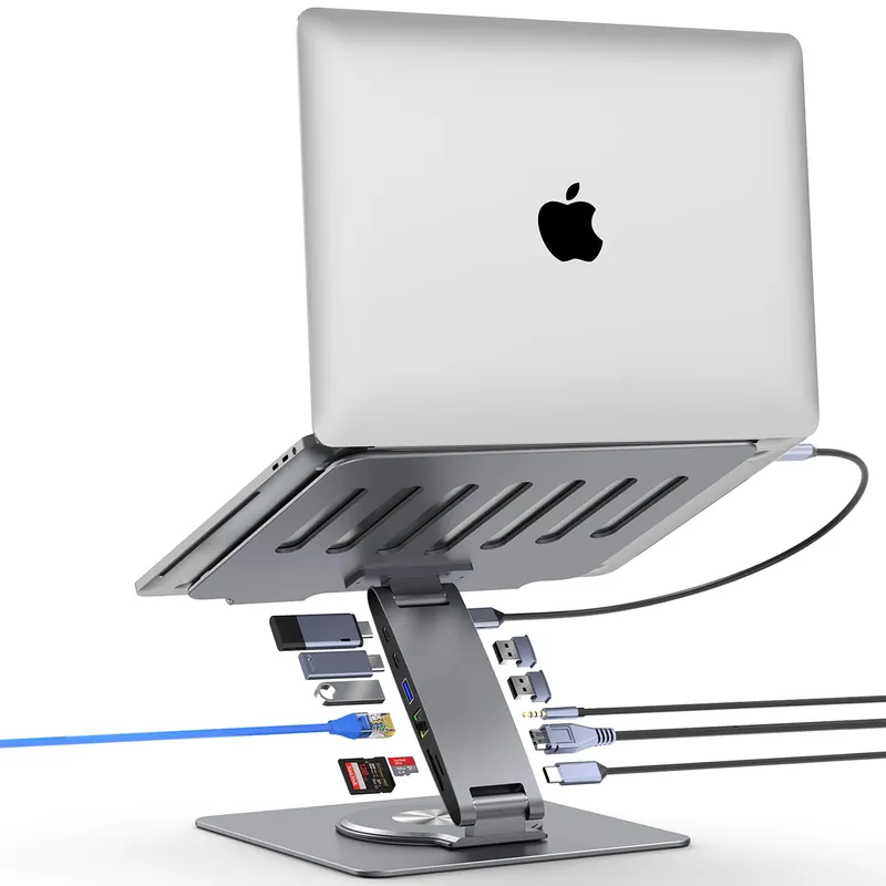 Adjustable Laptop Stand for Desk with Docking Station 11-in-1, Aluminum Laptop Riser with USB Hub
