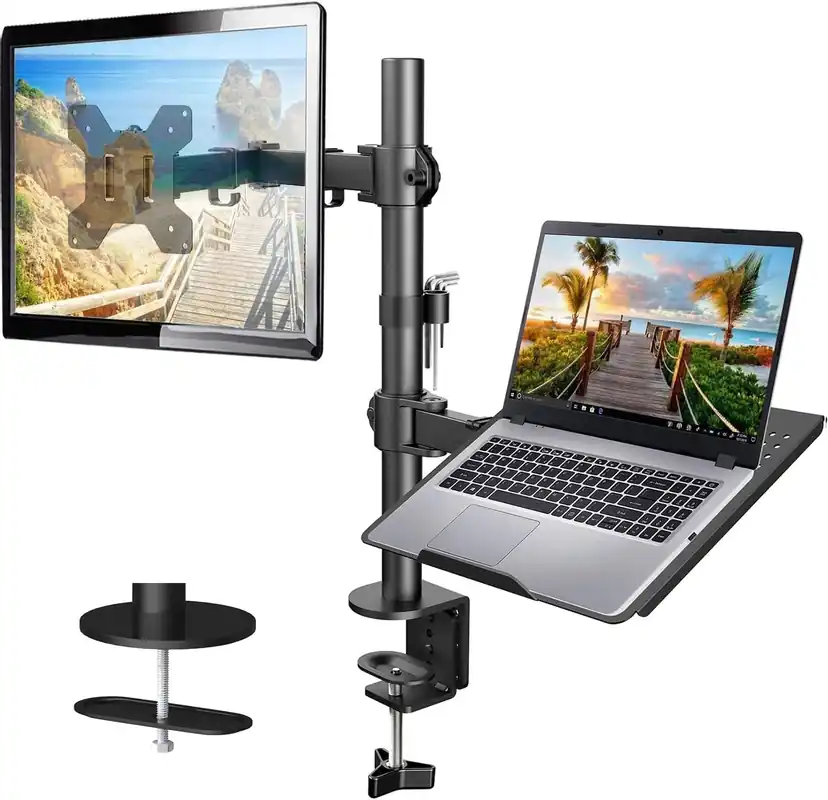 Adjustable Monitor Stand, Single Arm Desk Mount for 32 inch Screen and 17 inch Laptop, Heavy Duty