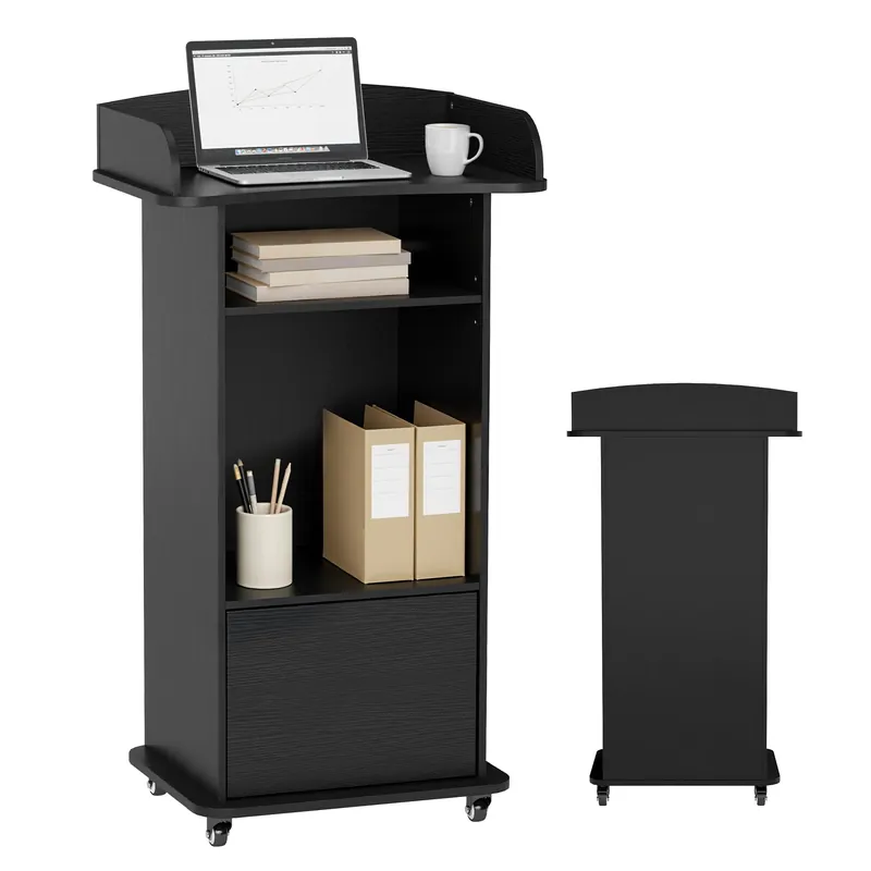 Podium Stand with Metal Wheels Wooden Lectern Podium Stand Portable Pulpit Standing with Storage Mobile