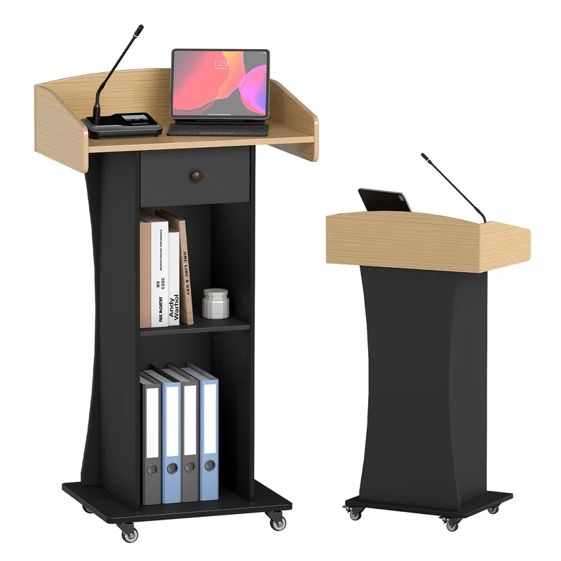 Podium Stand with Metal Wheels Wooden Teacher Lectern Portable Pulpit Standing