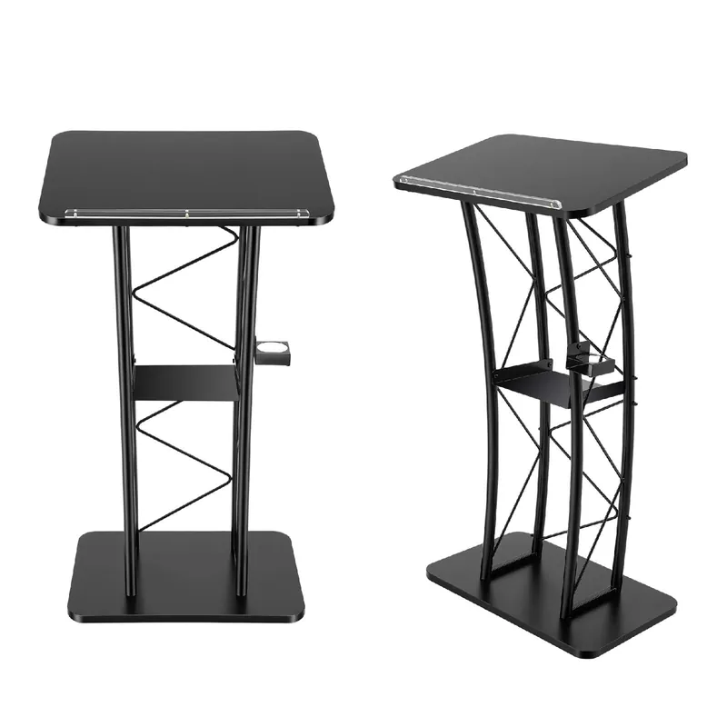 Black Curved Podium, 23.8 x 15.9 x 47 Inch Podium Stand Portable Church Pulpit Metal Black Lectern