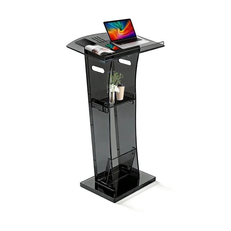43" Semi-Transparent Black Acrylic Podium&Lectern Stand Portable with Storage Shelf