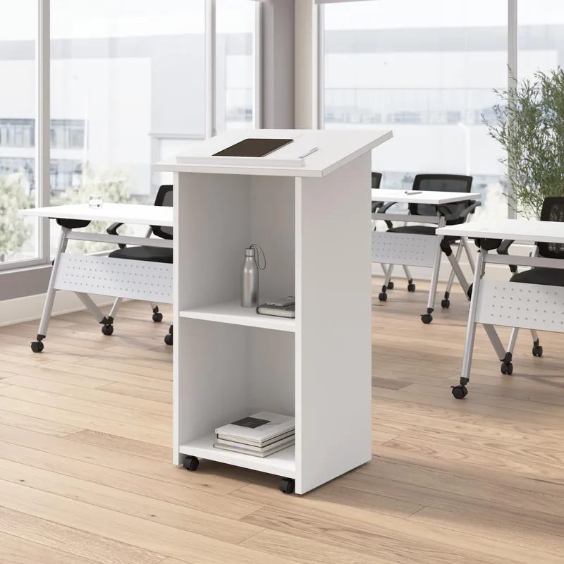 Bush Business Furniture Podium Lectern, 48 inch Tall, Professional-Grade Mobile Presentation Stand Up with Shelves