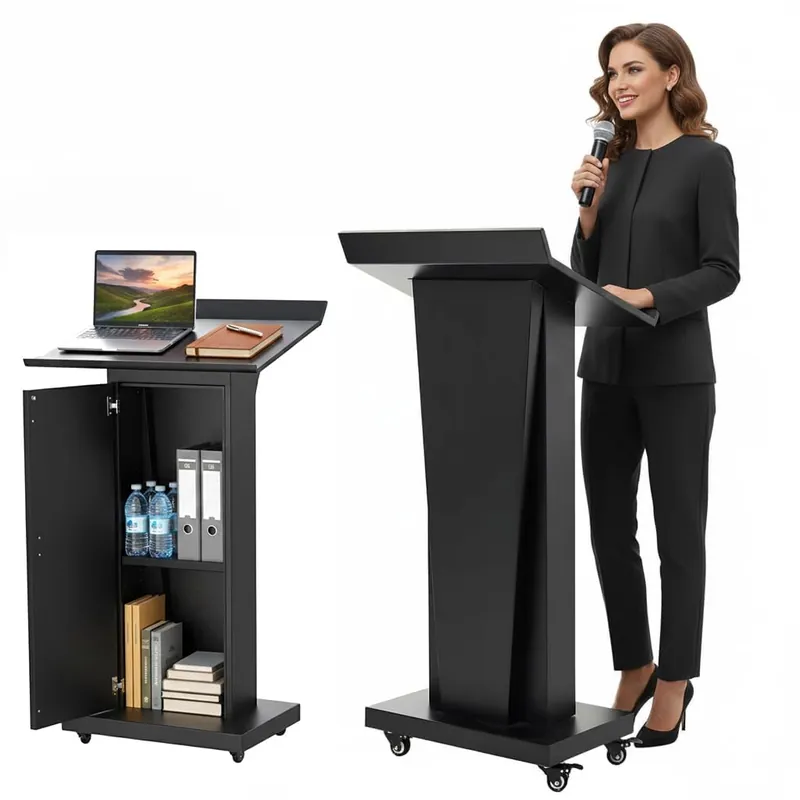 Podium Stand with Wheels, 50.4"Heavy-Duty Mobile Metal Lectern with Storage Cabinets