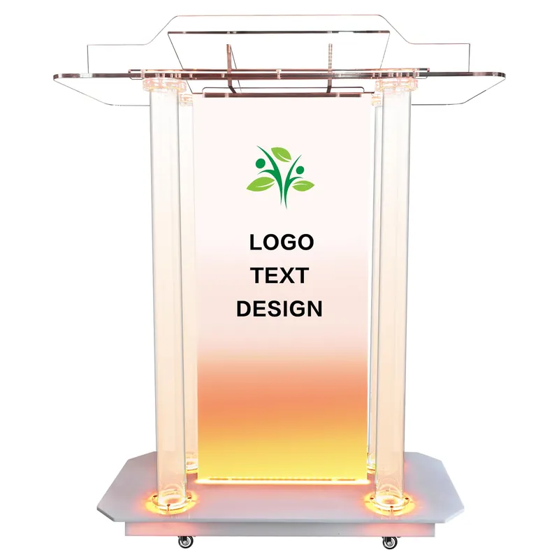 Transparent LED Acrylic Podium with Wheels and Vertical Reading Platform, 46" Lectern for Church and Classrooms