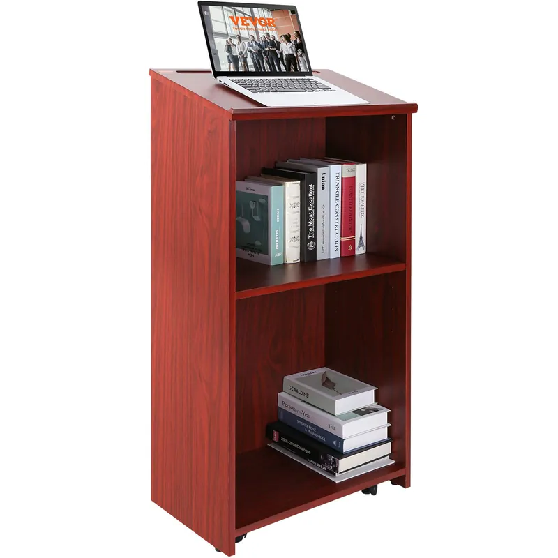Podium Stand, 47 inch Hostess Stand with 4 Rolling Wheels, Wood Podium with Storage Shelves and Slant Desktop