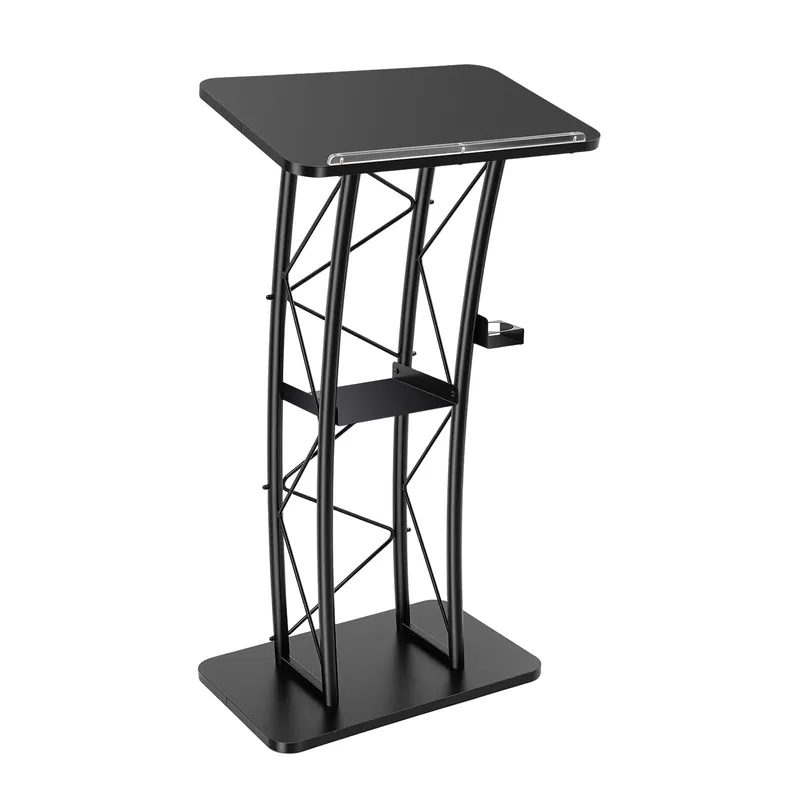 47" Tall Metal Curved Podium with Cup Holder, Black Curved Lectern pulpits for Churches