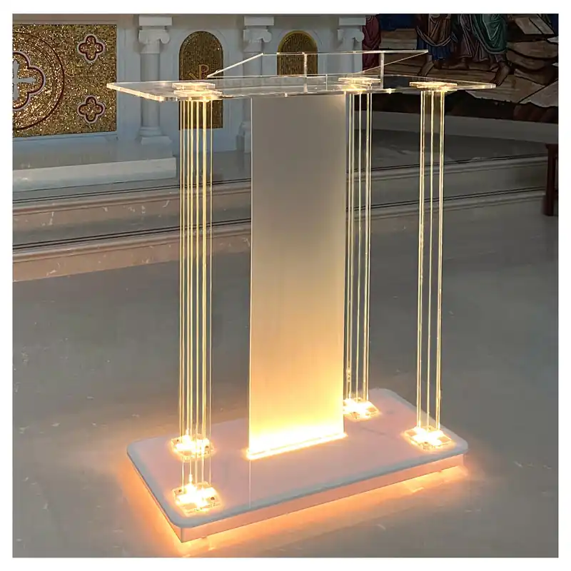 Church Pulpit with Led Lights, 46” Acrylic Pulpits for Churches, Transparent Podium Stand with Wheels& Spacious Reading