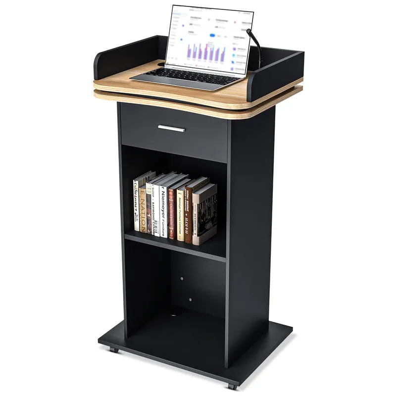 43" Wood Podium Stand with Wheels, Portable Lectern with 3 Levels of Storage