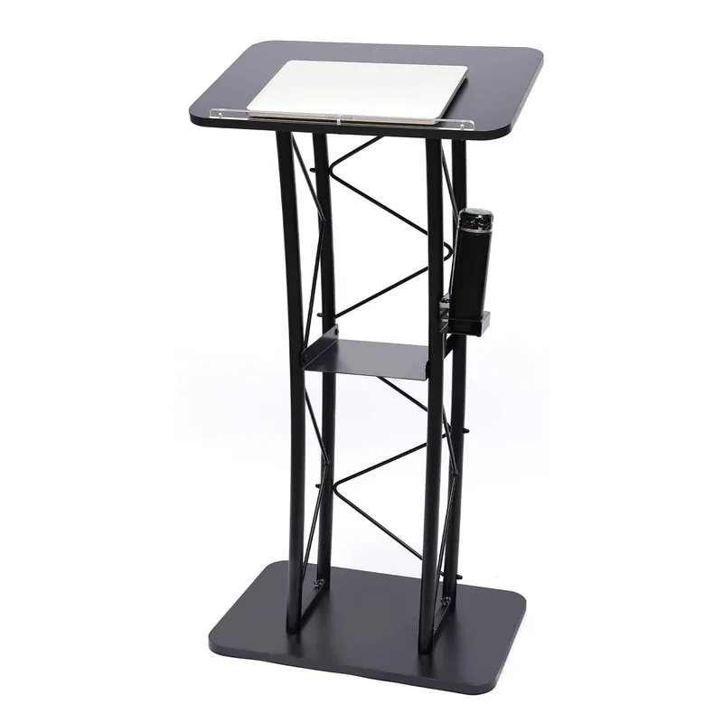 Curved Podium Stand 120cm/47in Height, Metal Black Pulpit Lectern Countertop Size 60x40cm with Baffle & Cup Holder