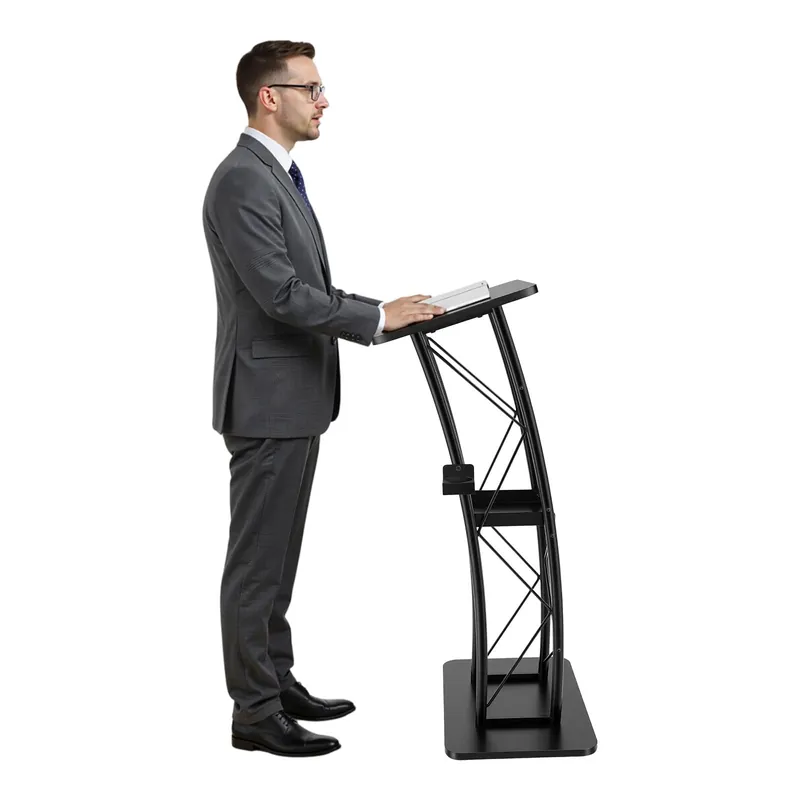 Curved Podium Stand, Metal Black Podium for Classroom Stage Large Curved Lectern Pulpit Lectern for Speeches,