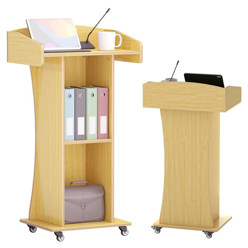 Podium Stand with Metal Wheels Wooden Lectern Podium Stand Portable Pulpit Standing with Storage