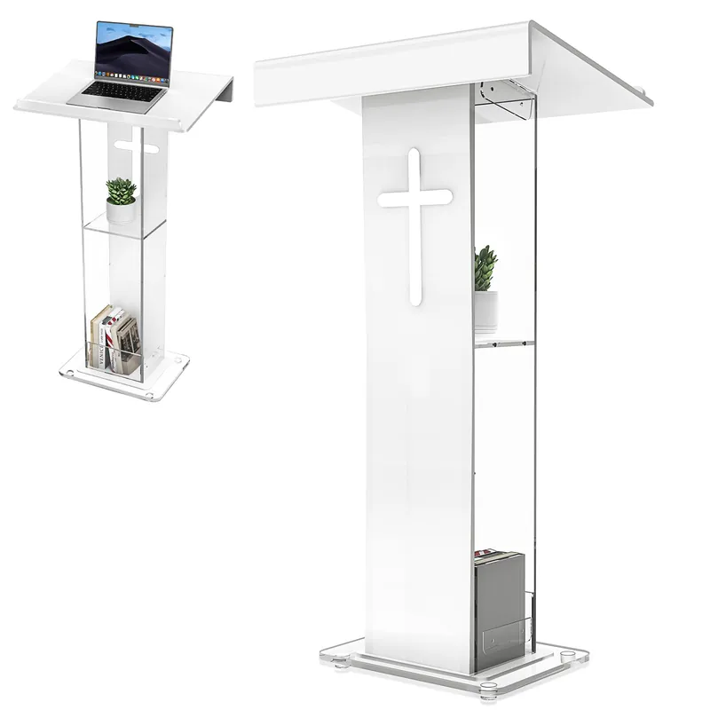 Podium Lectern, Pulpit for Churches with Double Shelves, Modern Plexiglass Pulpits Lectern with Cross Design for Classroom