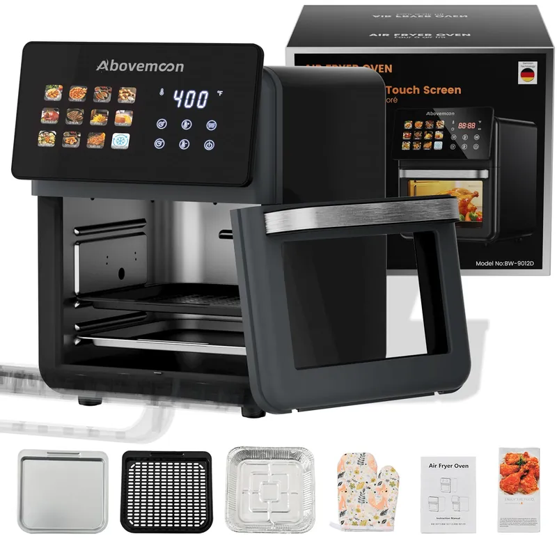AboveMoon 10L Large Xl Pro Air Fryer Oven With Grill Combo For Kitchen Countertop Use,12 in 1 Smart Convection Ovens,AirFryer With Glass View Window,Nonstick Basket,Fryer Liners,Removable Door-Black