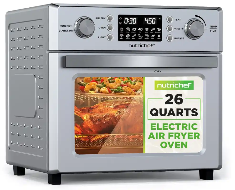 NutriChef 26QT Air Fryer Oven Countertop Convection Toaster & Air Fryer 360° Rotisserie Feature 10 Digital Presets Includes Drip Tray, Air Frying Basket & Bake Rack 15x16x14 Stainless Steel