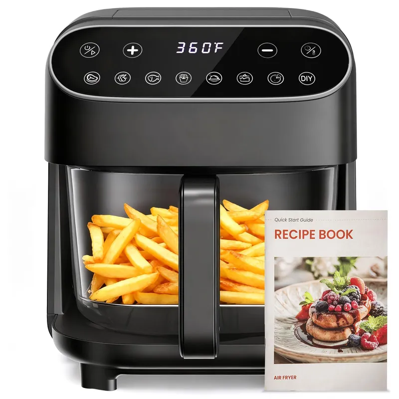 Electactic Air Fryer, 4.5 QT Glass Air Fryer PFAS Free & Dishwasher-Safe Basket, 8 Preset Touchscreen, 360° View Cooking, for Healthy Meals in Minutes - Black