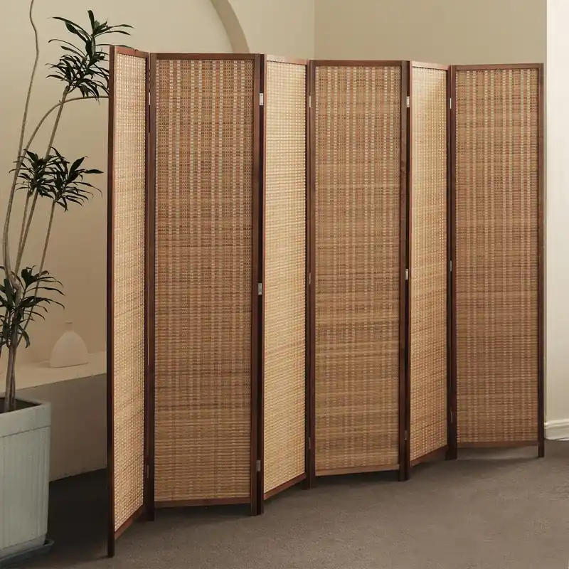 6 Panel Bamboo Room Divider - 5.6 ft Tall Folding Privacy Screen for Room Separation