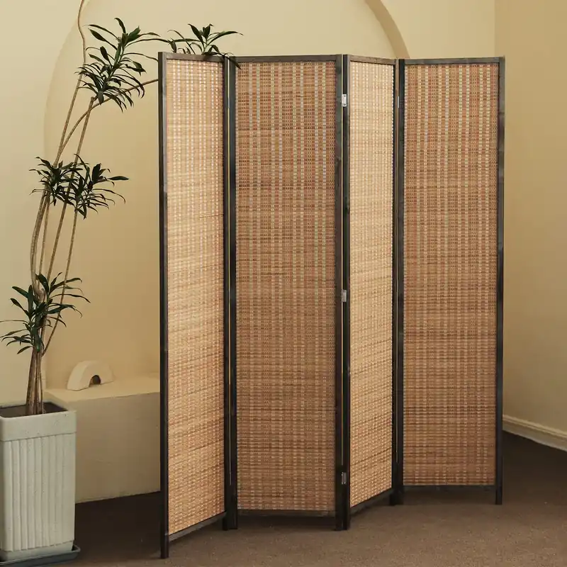 4 Panel Bamboo Room Divider - 5.6 ft Tall Folding Privacy Screen for Room Separation