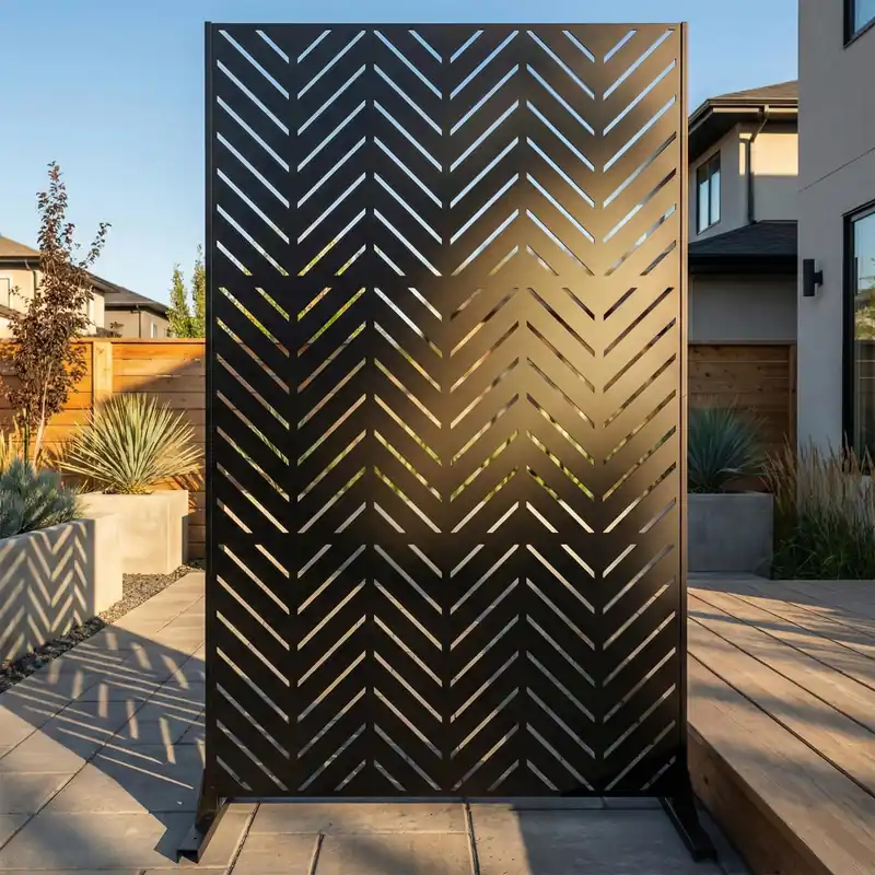 Metal Privacy Screen Outdoor – 6FT Freestanding Decorative Steel Panel with Stand, Laser-Cut Chevron Pattern Modern Privacy Divider