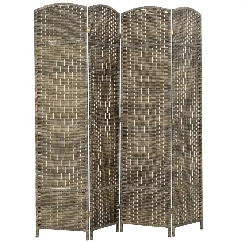 Room Divider, 6 Ft 4 Panel Folding Privacy Screen, Hand-Woven PP Wall Partition with Pine Wood Frame