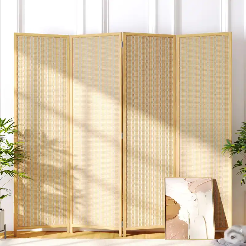 Room Divider 4 Panel Folding Privacy Screen, Bamboo Room Divider Screen - 6 ft. Tall Wall Divider for Room Separation