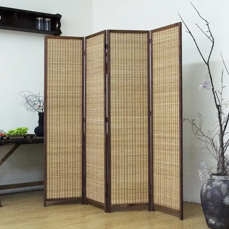 4 Panel Bamboo Room Divider - 5.6 ft Tall Brown Folding Privacy Screen, Double-Sided Freestanding Partition