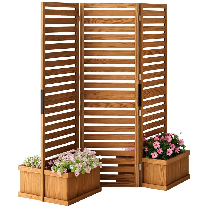 Outsunny Freestanding Outdoor Privacy Screen, 4 Self-Draining Planters/Raised Garden Beds
