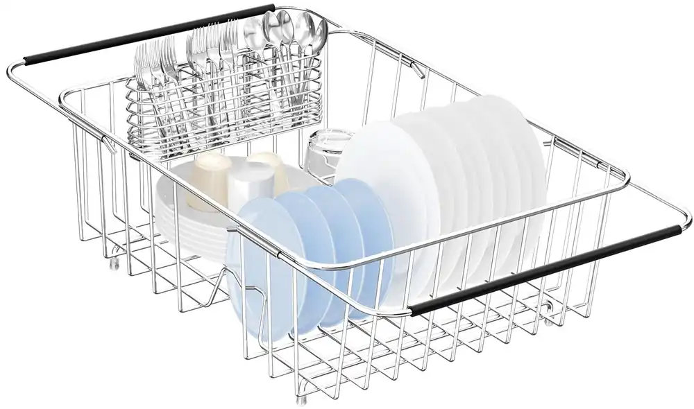 YZPGBT Large Dish Drying Rack in Sink Expandable, Adjustable304 Stainless Steel Metal Dish DrainerRack Organizer with Stainless Steel Utensil Holder Over Inside Sink Counter, Rustproof