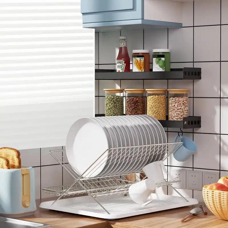 JOKKOL Collapsible Cup Drying Rack, Space Saving Foldable Stainless Steel(304) Mug Holder for Kitchen Counter,Compact 5-Glass Cup Rack Metal 3-Tier Large Capacity
